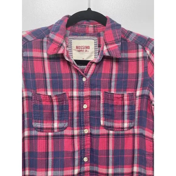 Mossimo Supply Button Up Pink Plaid‎ Shirt Top Blouse Elbow Patch S Country Gorp - Picture 2 of 9